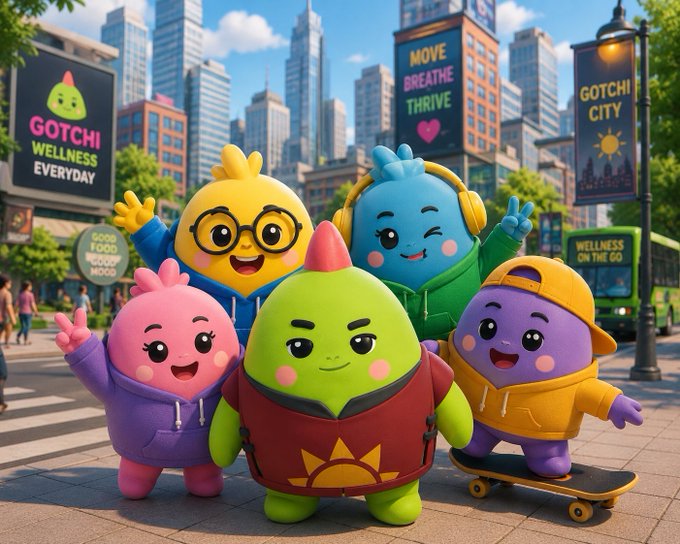 A colorful 3D illustration of five cute mascot characters posing on a city street with billboards reading 'GOTCHI WELLNESS EVERYDAY', 'MOVE BREATHE THRIVE', and 'GOTCHI CITY'.