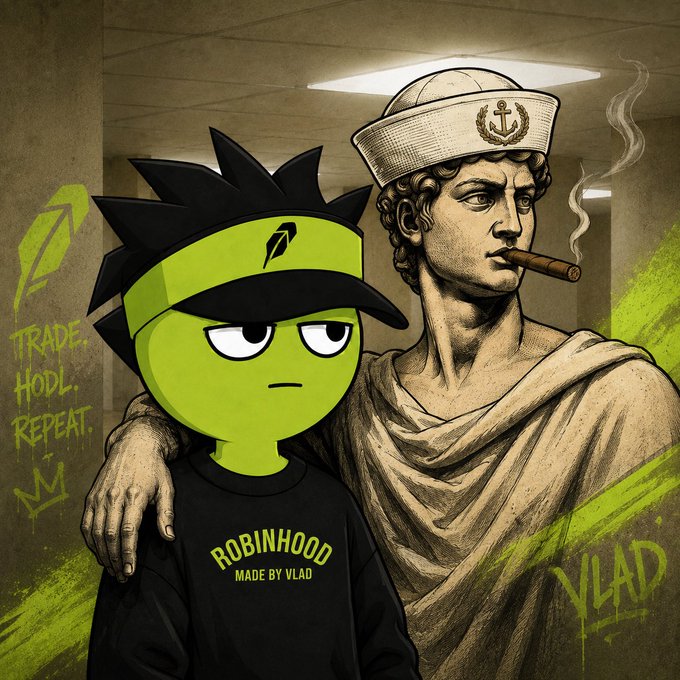 An illustration of a green cartoon character wearing a 'Robinhood' shirt and visor, standing next to a classical statue of a sailor smoking a cigar, with the words 'TRADE. HODL. REPEAT.' and signed by 'VLAD'.
