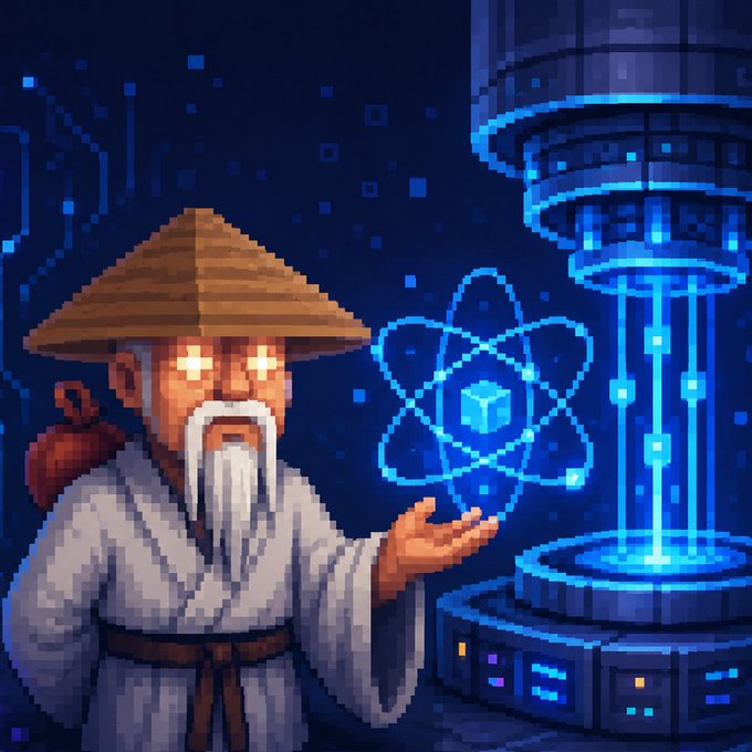 Pixel art illustration of a wise elderly Asian sage wearing a traditional conical hat, holding a glowing atom symbol with a cube at its center, standing before a futuristic blue-lit server/machine.