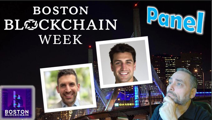A promotional graphic for 'BOSTON BLOCKCHAIN WEEK' featuring the word 'Panel' in blue text, showing three headshots of men against a background of a lit-up suspension bridge.