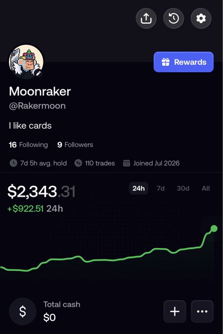A mobile app profile screen for a user named 'Moonraker' (@Rakermoon) with the bio 'I like cards', showing a portfolio value of $2,343.31, an average hold of 7d 5h, and 110 trades.