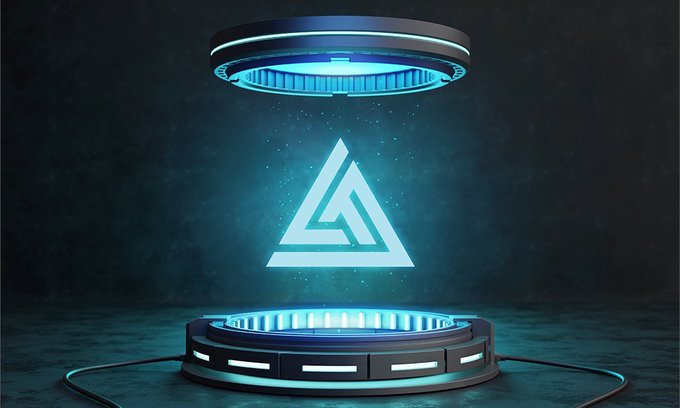 A glowing blue triangular symbol (Valknut) hovering above a futuristic circular sci-fi platform emitting blue light.