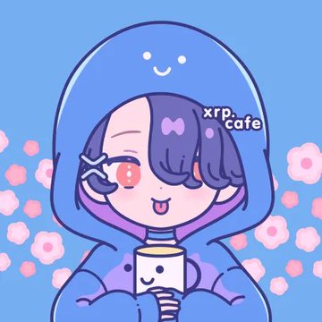 A chibi-style illustration shows a purple-haired character with an "xrp.cafe" hair accessory wearing a blue hooded outfit and holding a smiling coffee cup, with pink flowers in the background. The image visually represents the morning coffee ritual mentioned in the post, where the user laments inflation as the XRP-denominated menu prices at XrpCafe rose to 18 XRP.