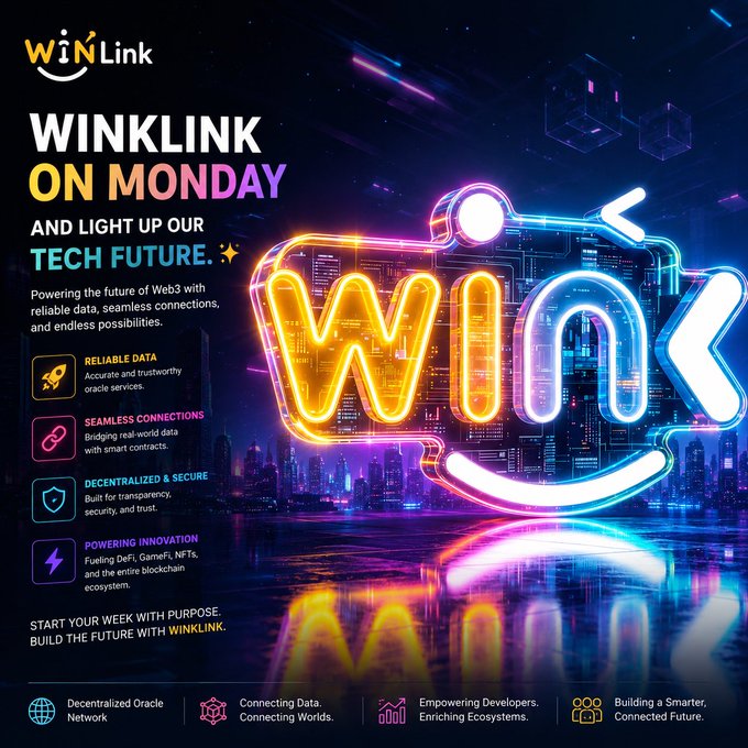 A neon-styled promotional graphic for WinLink oracle service with the tagline 'WINKLINK ON MONDAY AND LIGHT UP OUR TECH FUTURE', highlighting features like reliable data, seamless connections, decentralization, and powering innovation in DeFi, GameFi, and NFTs.
