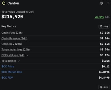Dashboard showing Canton network metrics with Total Value Locked in DeFi at $215,929 (+6.53% 24h), Chain Fees of $2.14M, and $CC token priced at $0.12.