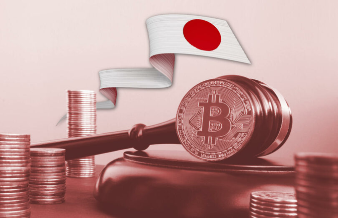 A Bitcoin-stamped judge's gavel rests among stacked coins beneath a flowing Japanese flag, symbolizing Japan's regulated move into stablecoins as SBI launches a trust-backed yen stablecoin through SBI Shinsei Trust Bank. The image visually merges Japanese national identity with crypto and legal authority, reflecting the post's emphasis on "proper trust rails" and regulated stablecoin adoption.