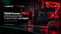 A promotional graphic for Uquid highlights TRON's dominance in bulk enterprise ticket purchases on Liquid, with a striking "78%" statistic featured prominently alongside a dark, red-accented interface displaying market price data, illustrating the network's expanding utility beyond typical USDT transfers.