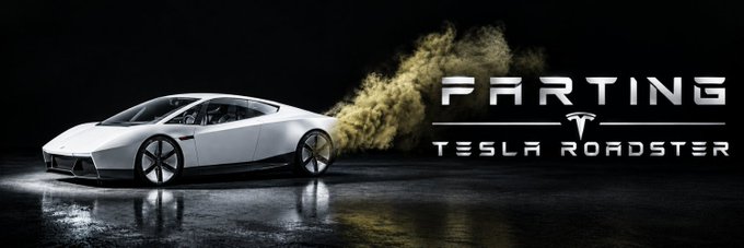 A sleek white Tesla Roadster is shown emitting a large cloud of brown exhaust from its rear against a dark background, paired with bold metallic text reading "FARTING TESLA ROADSTER" alongside the Tesla logo. The meme humorously pairs with the post to promote the "$FARTSLA" memecoin by visually playing on the absurd concept of an electric car "farting."