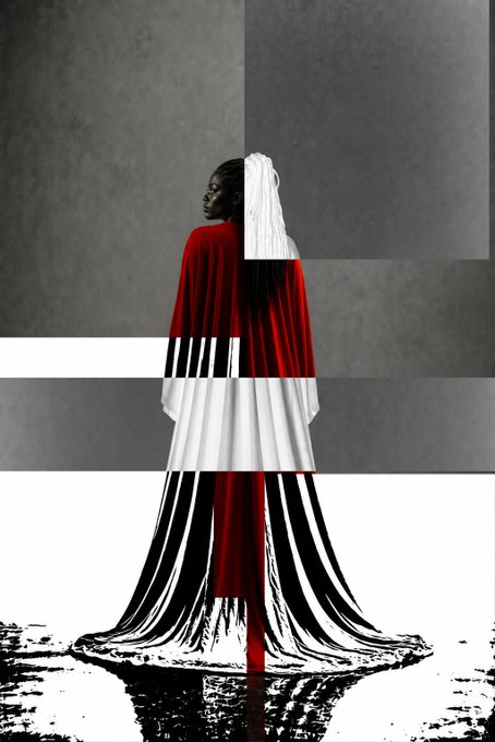 A striking figure draped in flowing white fabric stands in profile against a dark gray backdrop, wearing a vivid red robe that dissolves into dramatic streaks at the base, creating a powerful visual contrast that complements the contemplative morning greeting.