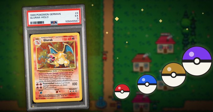 A PSA 5 graded 1999 Pokémon German Glurak-Holo card displayed against a pixel art background with Pokéballs.