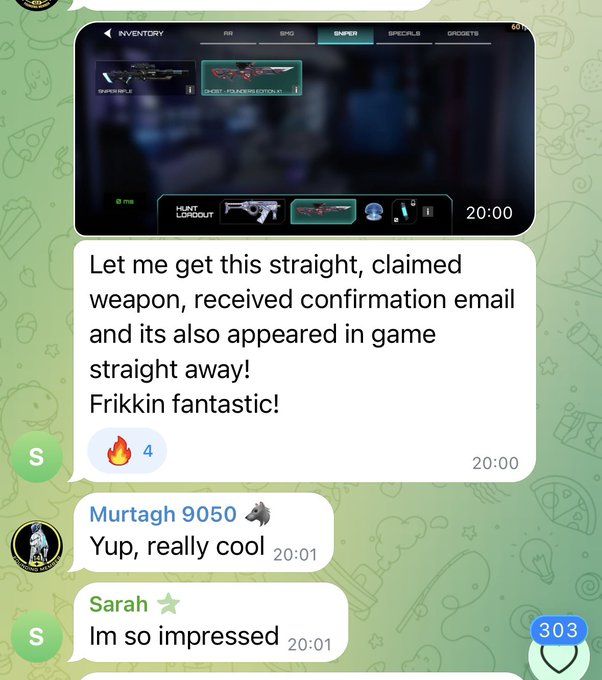 Screenshot of a customer chat where a user expresses excitement about a claimed in-game weapon appearing immediately, followed by positive reactions from "Murtagh 9050" saying "Yup, really cool" and "Sarah" saying "Im so impressed".