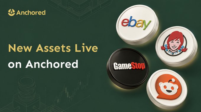 A promotional graphic for 'Anchored' announcing 'New Assets Live on Anchored,' featuring circular tokens for eBay, Wendy's, GameStop, and Reddit.