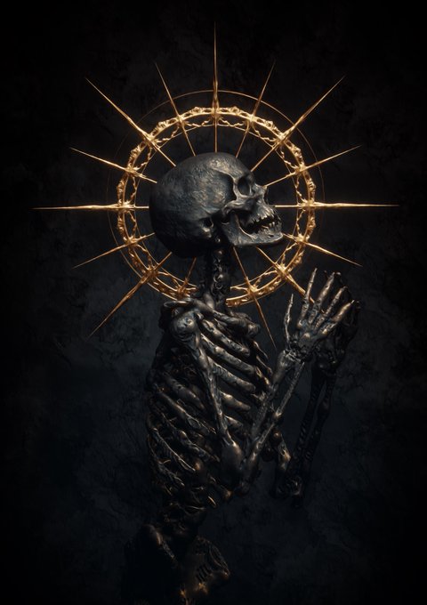 A dark, gothic-style digital artwork of a skeletal figure with clasped hands, featuring a skull adorned with a golden spiked halo against a black background.