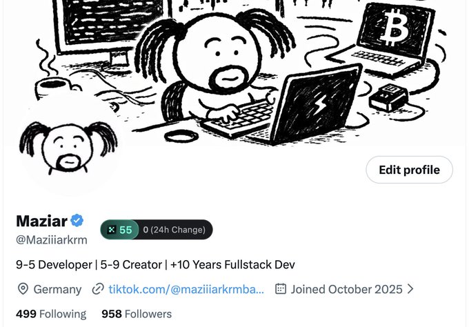 A Twitter/X profile for "Maziar (@Maziiiarkrm)" features a black-and-white cartoon avatar of a person at a computer, identifying as a "9-5 Developer | 5-9 Creator | +10 Years Fullstack Dev" from Germany.