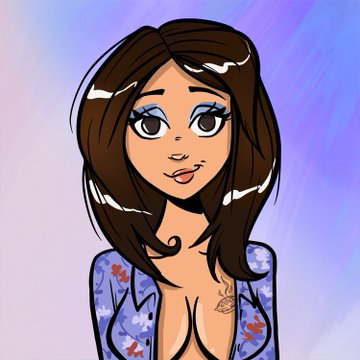 A cartoon-style illustration of a woman with brown hair wearing a blue floral top.