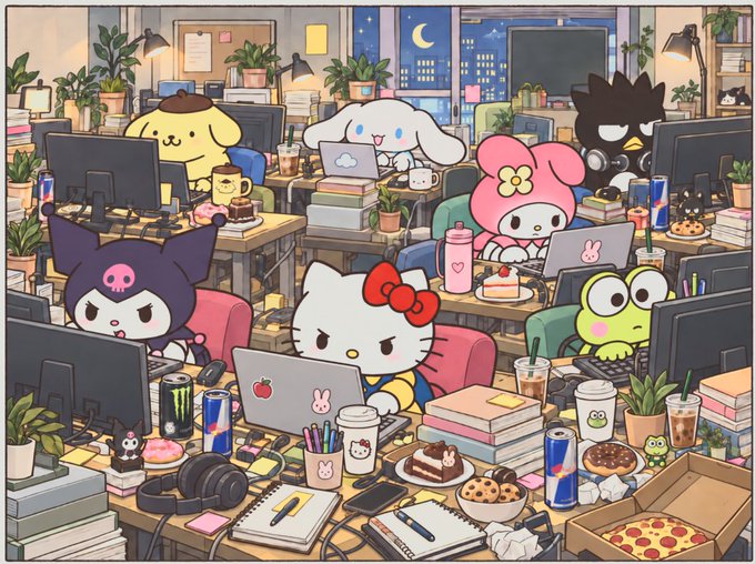 An illustration shows various Sanrio characters—including Hello Kitty, Kuromi, Cinnamoroll, Pompompurin, and Keroppi—working at a cluttered office desk with computers, coffee, and snacks.