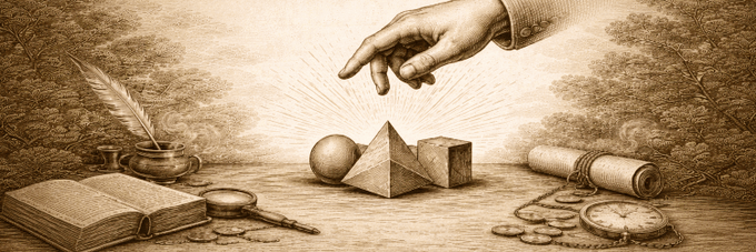A sepia-toned classical illustration showing a hand pointing down at geometric shapes, surrounded by books, coins, a compass, and a pocket watch.