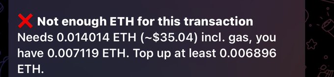 A cryptocurrency transaction error notification displays a red 'X' icon and the message "Not enough ETH for this transaction", stating it requires 0.014014 ETH but the wallet only has 0.007119 ETH.