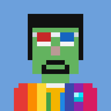 A pixelated portrait of a green-skinned figure with a multicolored shirt and a red-and-blue sunglasses design, set against a blue background. This appears to be an NFT being discussed in terms of its rising market value, with the owner noting a significant profit increase from their initial purchase.