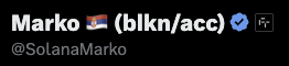 A Twitter/X profile header for 'Marko 🇵🇷 (blkn/acc) ✓' with the handle @SolanaMarko.