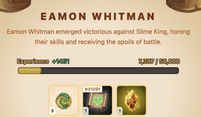 A video game victory screen showing 'Eamon Whitman emerged victorious against Slime King' with +1431 experience points gained and three item rewards.