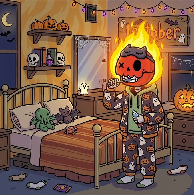 A cartoon illustration showing a pumpkin-headed character in Halloween pajamas brushing teeth in a spooky decorated bedroom containing skulls, ghosts, and pumpkins.
