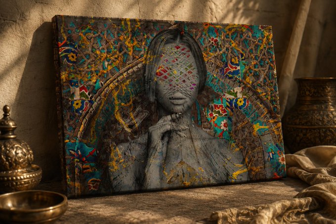 A canvas painting of a woman's face overlaid with colorful graffiti-style patterns, displayed against a textured wall next to decorative metal objects.