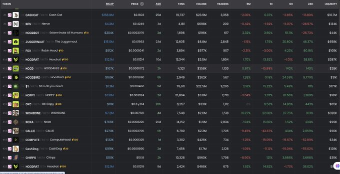 A cryptocurrency tracking table lists various meme tokens including CASHCAT, MIV, HOODRAT, JUGGENAUT, ROBIN HOOD, HOPPY, and CHILLR, showing their market cap, price, age, and percentage changes over different time frames.