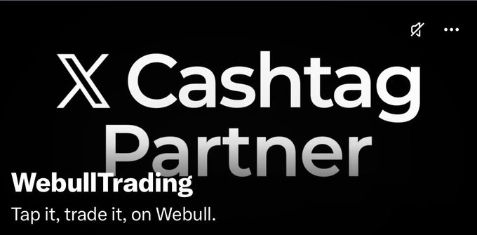 A bold black banner displays "X Cashtag Partner" in large white text alongside the X logo, with "Webull Trading" and the tagline "Tap it, trade it, on Webull." prominently featured. The image visually announces Webull's partnership with X as an official cashtag partner for ticker $BULL.