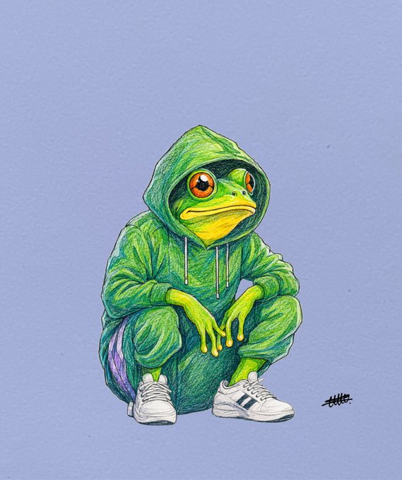 A hand-drawn colored pencil illustration of a green frog wearing a green hoodie, sweatpants, and white sneakers, crouching against a purple background.