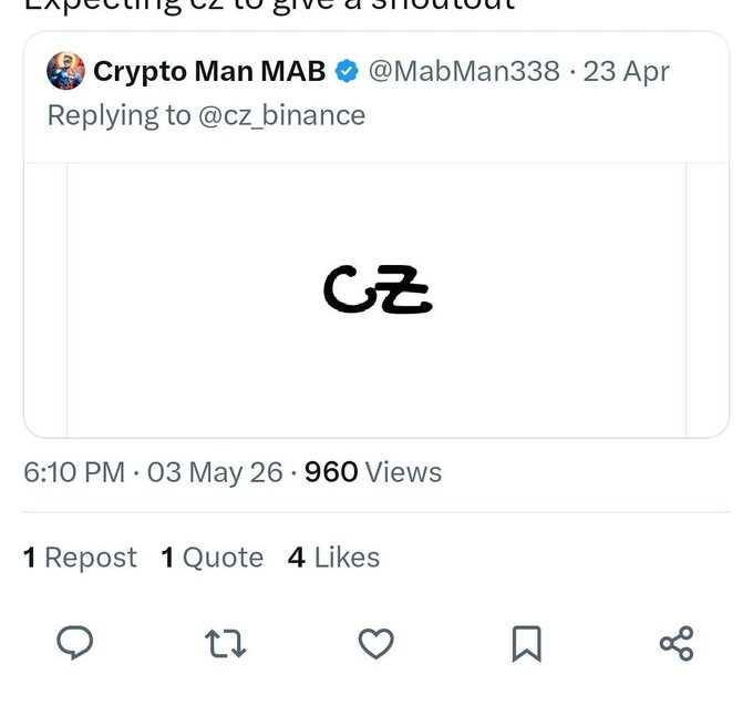 Twitter/X screenshot of a reply from 'Crypto Man MAB' (@MabMan338) to @cz_binance showing the 'CZ' logo with 960 views, 1 repost, 1 quote, and 4 likes.