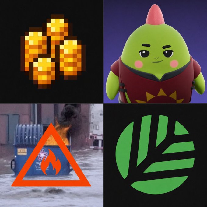 A four-panel collage showing pixelated gold coins, a green mascot character, a burning dumpster with a fire warning triangle, and a green logo with leaf-like stripes.