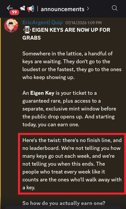 A Qup announcement in Discord from EricArgent stating 'Eigen Keys are now up for grabs,' with a highlighted section explaining there's no finish line or leaderboard for earning keys.