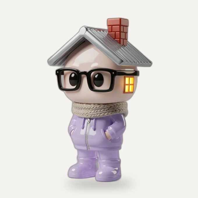 A 3D render of a cute figurine with a pale pink face, black glasses, a roof-shaped hat, and a purple tracksuit.