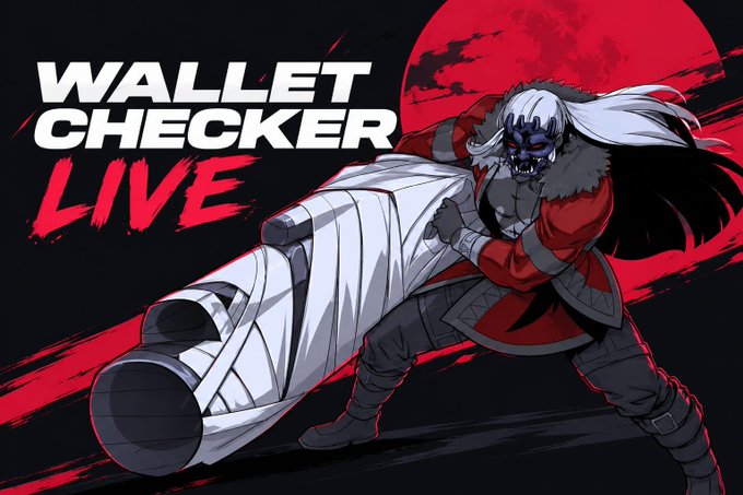 The image features a fierce anime-style oni character with white hair, a red coat, and a horned mask, wielding a massive white weapon against a red moon backdrop, with the bold text "WALLET CHECKER LIVE" prominently displayed. This dramatic artwork visually reinforces the urgency of the post's call to action, inviting viewers to drop their EVM wallet addresses for a final chance to secure a guaranteed whitelist spot.