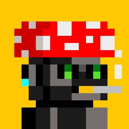 A pixel art depiction of a Minecraft-style character wearing a red and white mushroom cap and a dark mask with glowing green eyes.