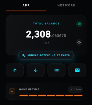 The image shows the Parallax Network app dashboard displaying a total balance of 2,308.063675 PAX with active mining at +9.27 PAX/hr and 16/7 days of node uptime, aligning with the post's update on Day 16 of mining the Parallax Network (ticker: PAX).