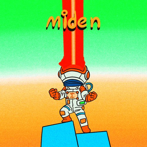 The image features a cartoon depiction of an astronaut wearing a white suit, standing on top of two blue cubes with orange edges. The astronaut appears to be in mid-jump or running, as if they are leaping off the cubes. The caption below the image reads "@0xMiden scales differently. Execution happens on the client, while the chain only verifies ZK proofs. No computation bottleneck. No validator overload." This suggests that the artist has created a unique and imaginative representation of an astronaut's journey through space, using unconventional methods to convey their story.