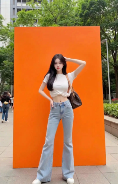 A young woman in a white cropped top and light blue flared jeans posing in front of a large orange rectangular backdrop in an outdoor plaza.