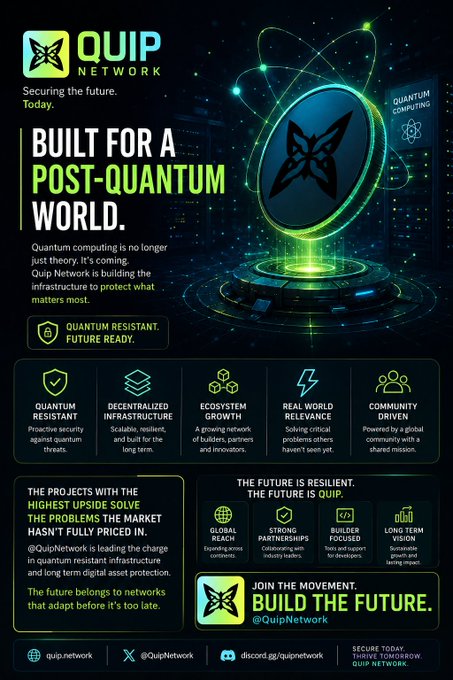 A promotional graphic for Quip Network states 'Securing the future. Today. BUILT FOR A POST-QUANTUM WORLD.' and highlights features like 'QUANTUM RESISTANT', 'DECENTRALIZED INFRASTRUCTURE', and 'REAL WORLD RELEVANCE', with the call to action 'BUILD THE FUTURE' at @QuipNetwork.
