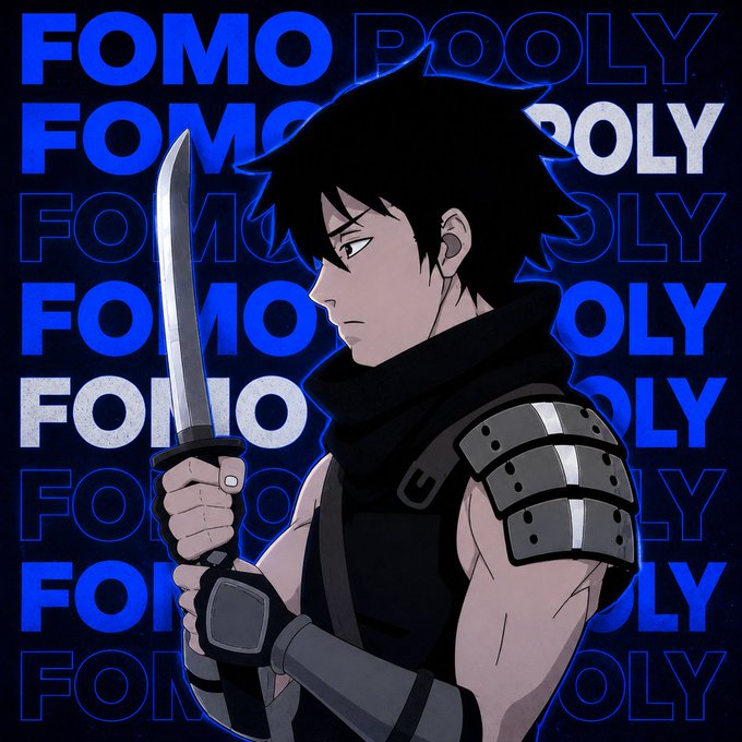 An anime-style illustration of a swordsman in black armor holding a blade, set against repeated blue-and-white “FOMO” text.
