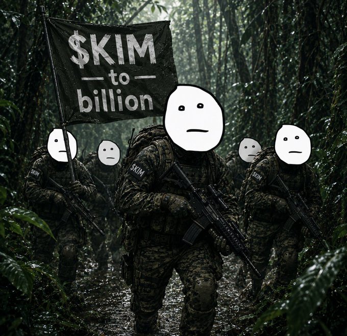 Armed soldiers in camouflage march through a dense jungle carrying a black flag that reads "$KIM to billion," visually reinforcing the post's rallying cry for $KIM to reach a billion-dollar valuation while mocking doubters who "disappear."