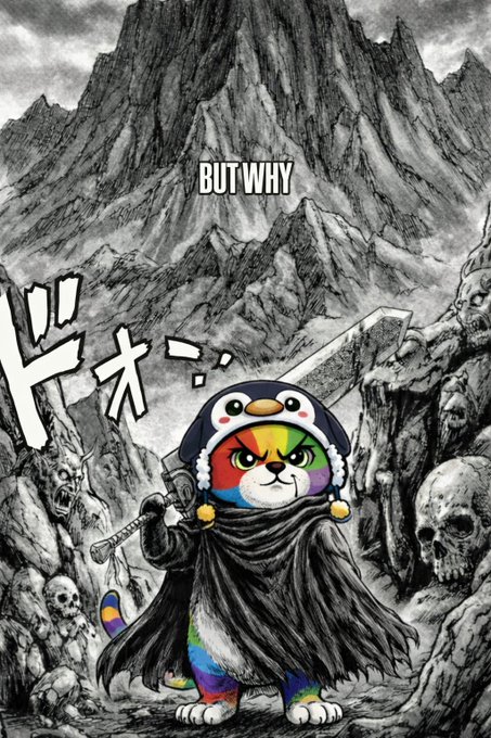 An anime-style illustration of a rainbow-colored cat character dressed in a dark cloak and wielding a sword, standing before a dark mountain landscape with the text "BUT WHY" and Japanese characters.
