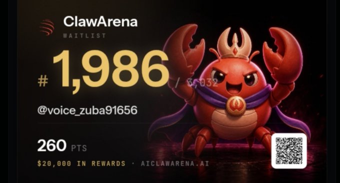 A dark promotional banner for 'ClawArena WAITLIST' shows a red cartoon samurai crab character, listing rank '#1,986', handle '@voice_zuba91656', '260 PTS', and '$20,000 IN REWARDS'.