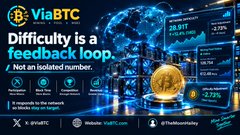 A promotional graphic for ViaBTC, a Bitcoin mining pool, featuring the text "Difficulty is a feedback loop" and highlighting a 4.37% difficulty adjustment, displayed against a digital bitcoin-themed background. The image has no apparent connection to Elizabeth Warren's finances or salary discussion.