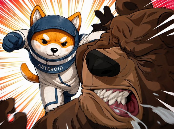 An anime-style Shiba Inu dog wearing a spacesuit labeled "ASTEROID" throws a powerful punch at a giant snarling bear, symbolizing the bullish $ASTEROID token taking down bearish opposition. The dynamic action scene reflects the post's hype that $ASTEROID could surge dramatically from its current trajectory toward massive gains.