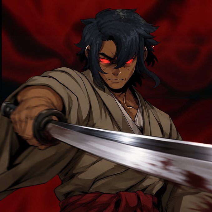 A digital anime-style illustration of a dark-haired warrior with glowing red eyes, gripping a bloody katana in a dynamic pose against a red smoky backdrop.