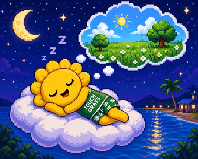 A pixel art illustration shows a sunflower character wearing a green shirt labeled "TOUCH GRASS" sleeping on a cloud at night, dreaming of a sunny meadow, serving as a meme encouraging people to spend time outdoors.