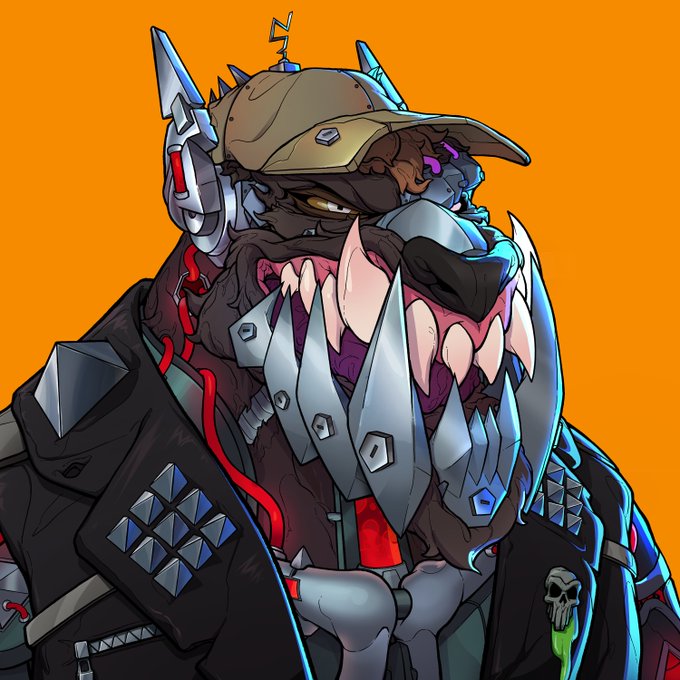 An illustration of a monstrous character with sharp teeth, a metal jaw guard, a cap, and studs on a spiked leather jacket against an orange background.