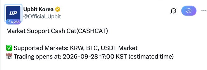 A tweet from Upbit Korea (@Official_Upbit) announcing market support for Cash Cat (CASHCAT) on KRW, BTC, and USDT markets, with trading opening at 2026-09-28 17:00 KST.